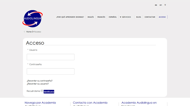 Página de acceso a Academia Audiolingua
