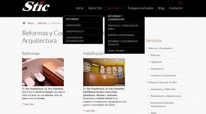 Página de servicios de la página web de Stic Arquitectura